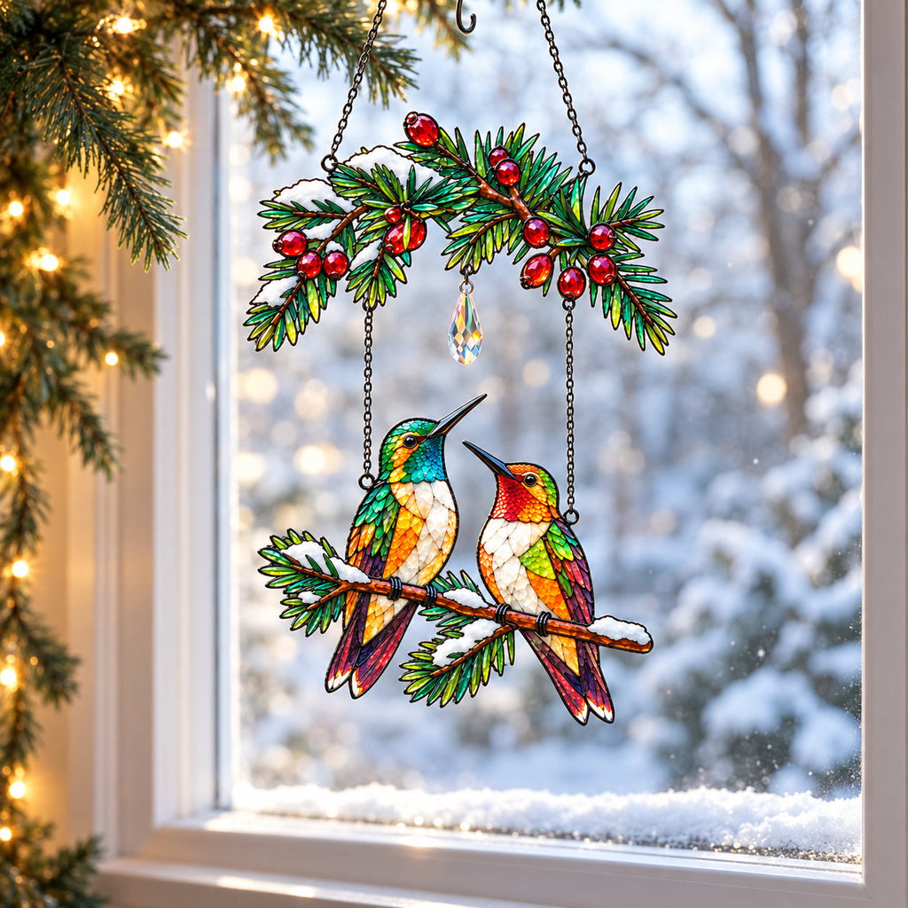 Personalized Hummingbird Couple on Holly Pine Branch Holographic Acrylic Suncatcher