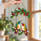 Personalized Hummingbird Couple on Holly Pine Branch Holographic Acrylic Suncatcher