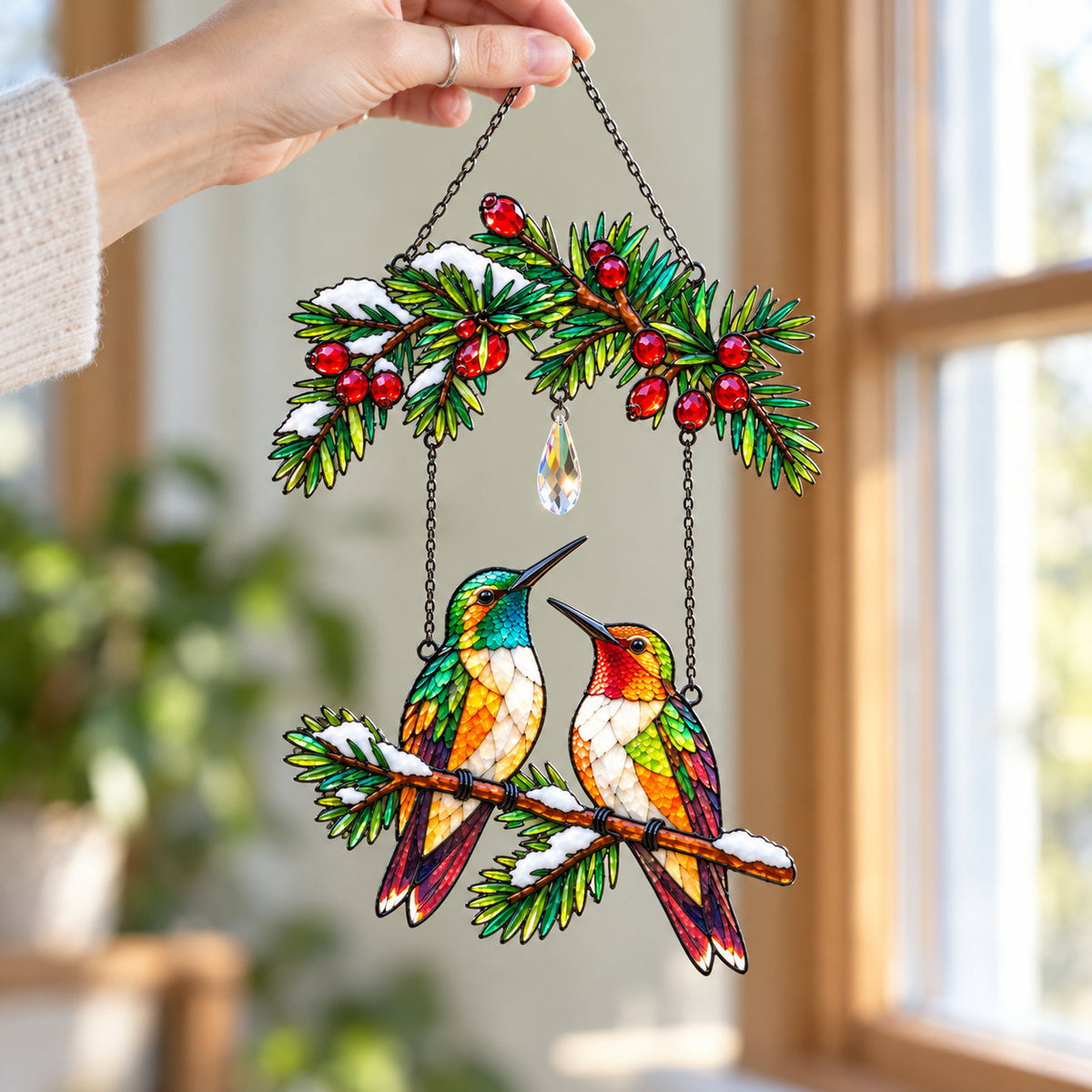 Personalized Hummingbird Couple on Holly Pine Branch Holographic Acrylic Suncatcher