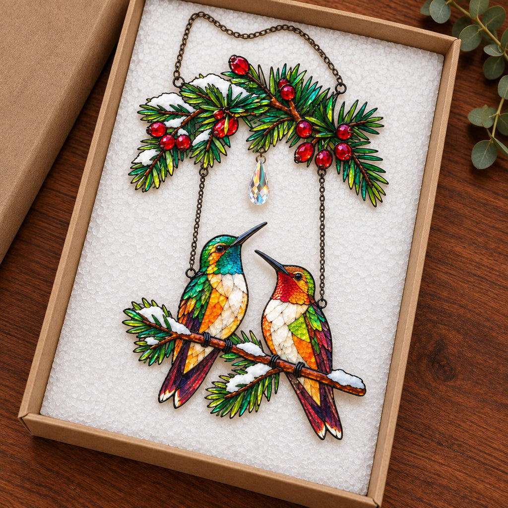 Personalized Hummingbird Couple on Holly Pine Branch Holographic Acrylic Suncatcher