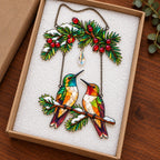 Personalized Hummingbird Couple on Holly Pine Branch Holographic Acrylic Suncatcher