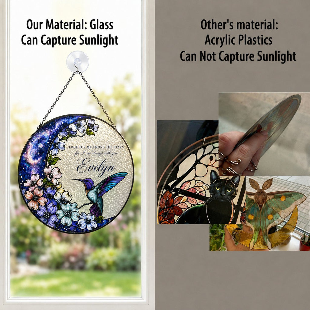 Hummingbird dogwood memorial suncatcher held in hand