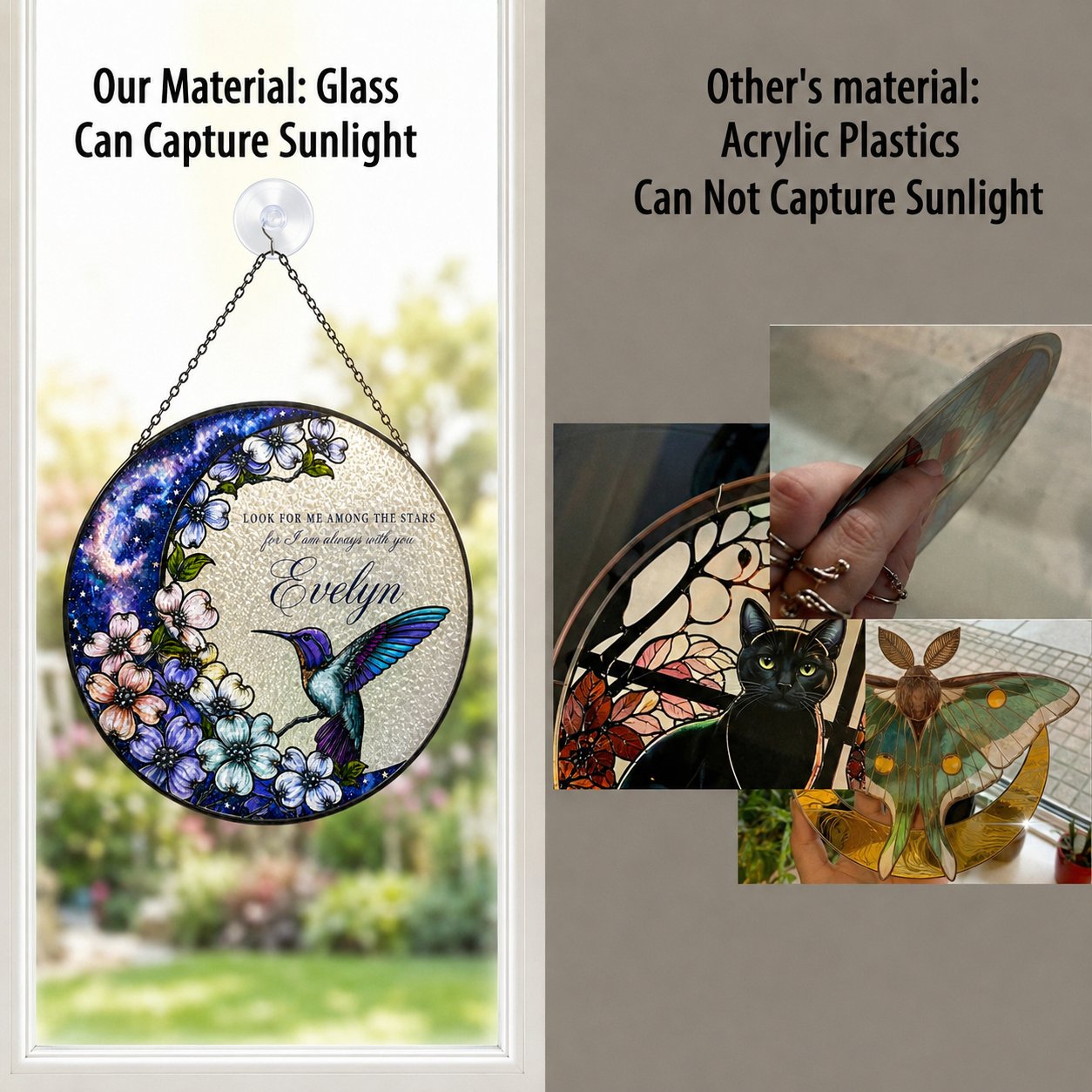 Hummingbird dogwood memorial suncatcher held in hand