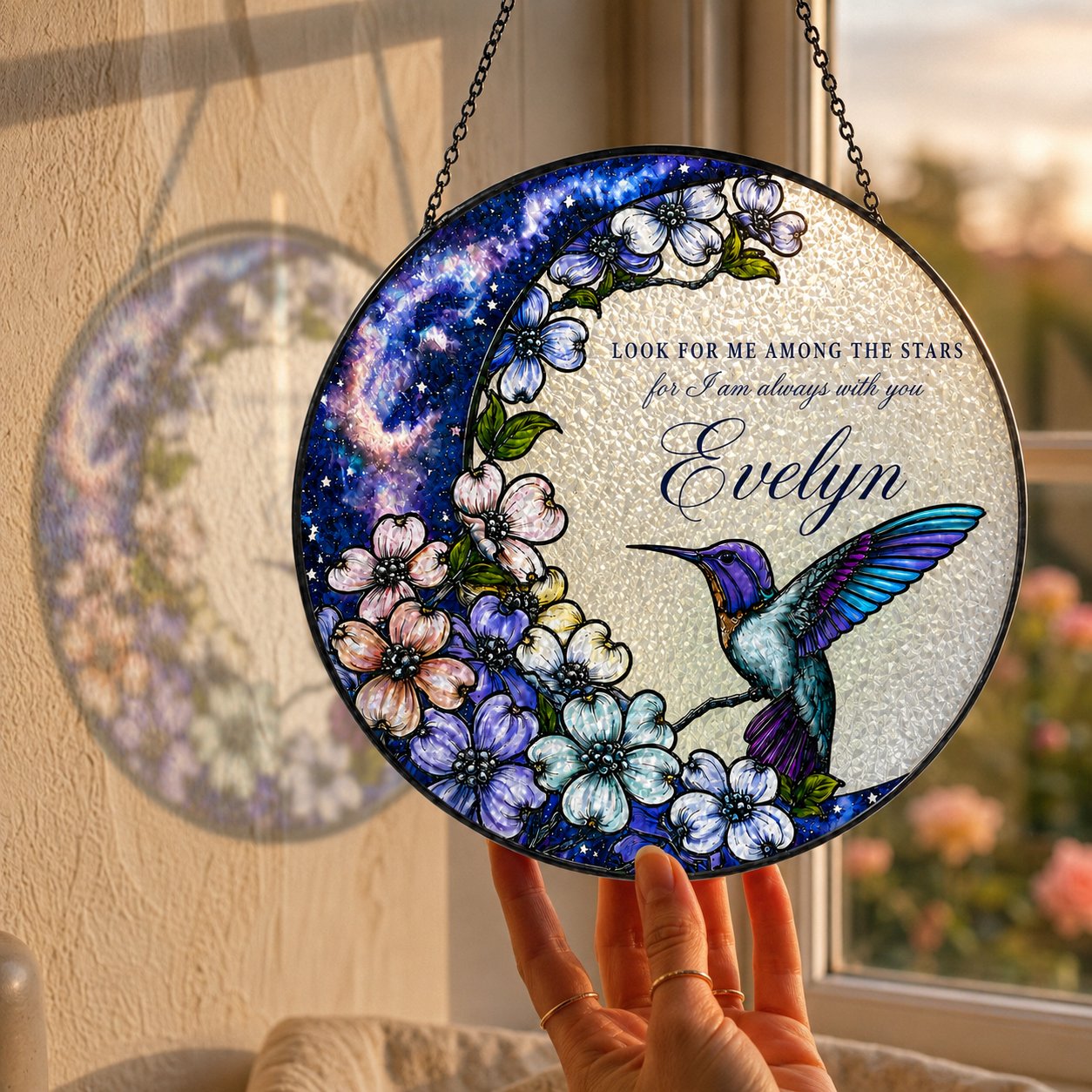 Hummingbird dogwood memorial suncatcher windowsill lifestyle
