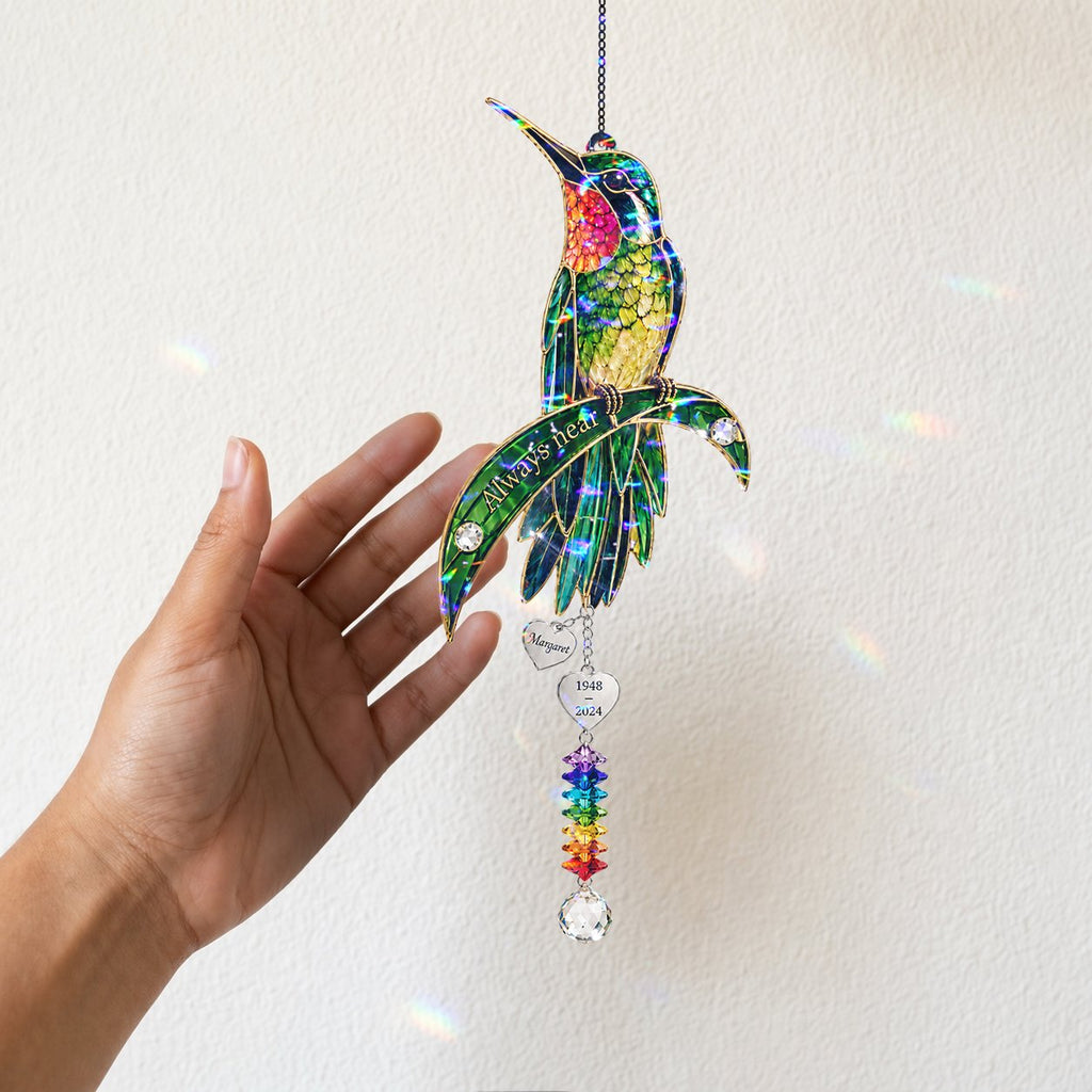 Personalized hummingbird memorial crystal suncatcher detail