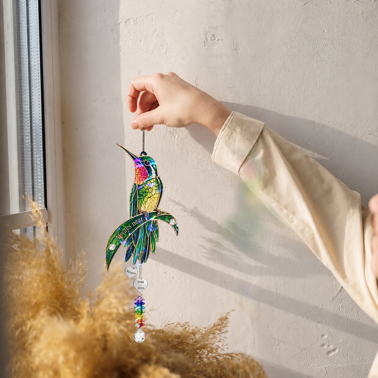 Personalized hummingbird memorial crystal suncatcher