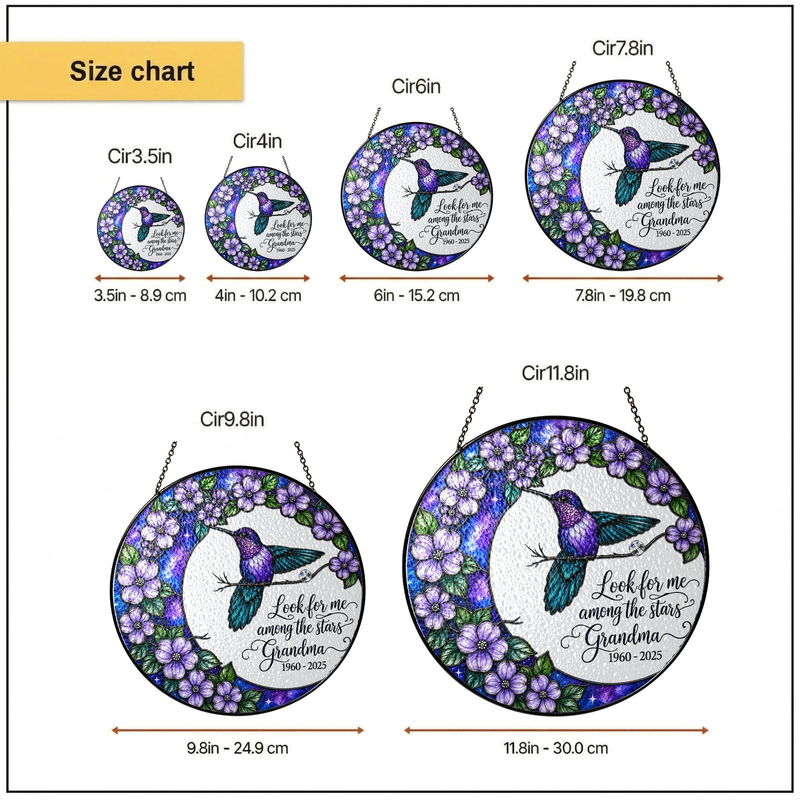 Personalized hummingbird moon memorial suncatcher size chart