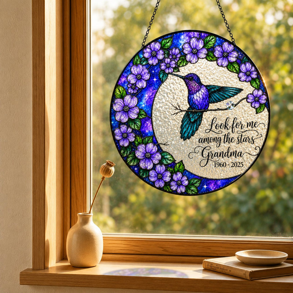 Hummingbird moon memorial suncatcher on a windowsill