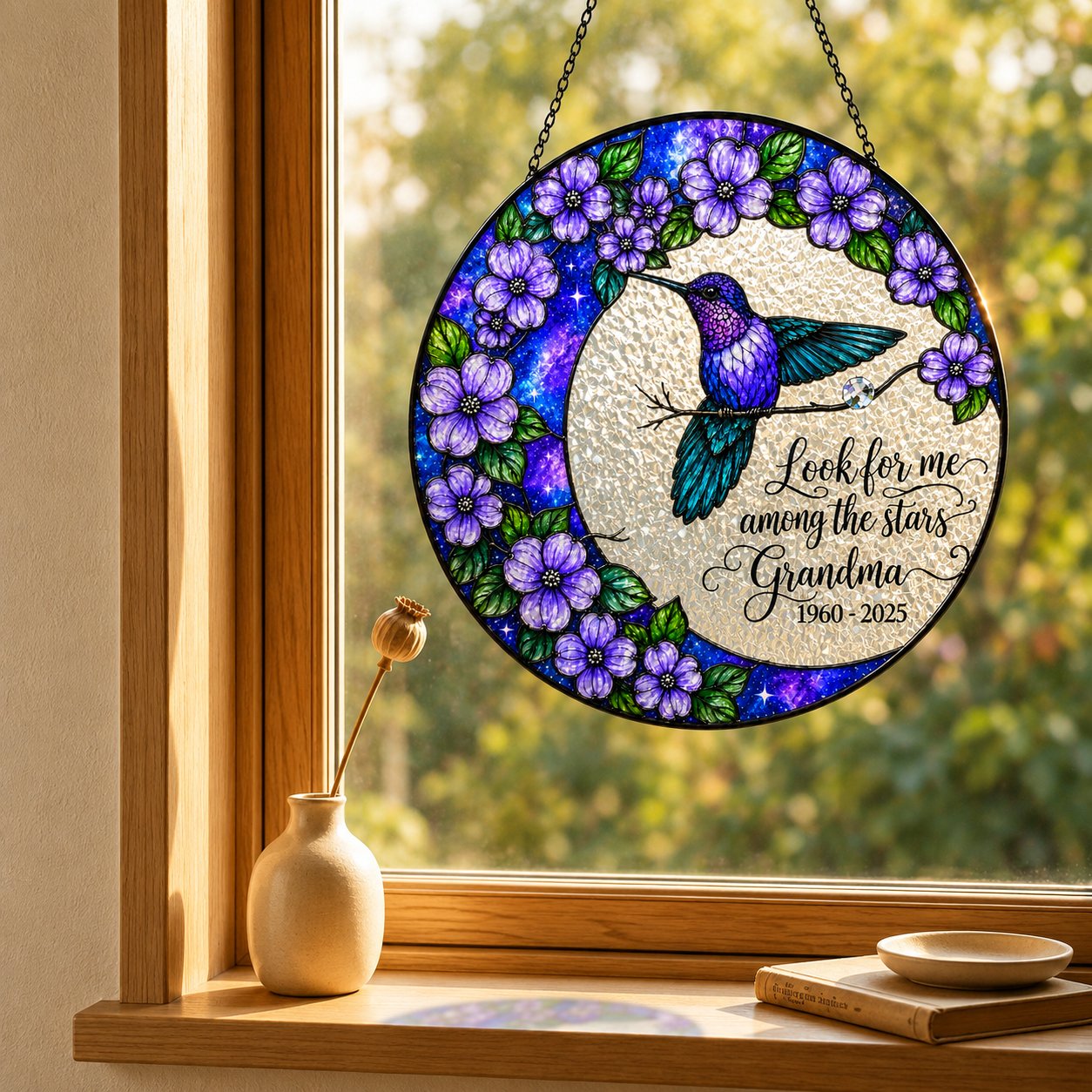 Hummingbird moon memorial suncatcher on a windowsill