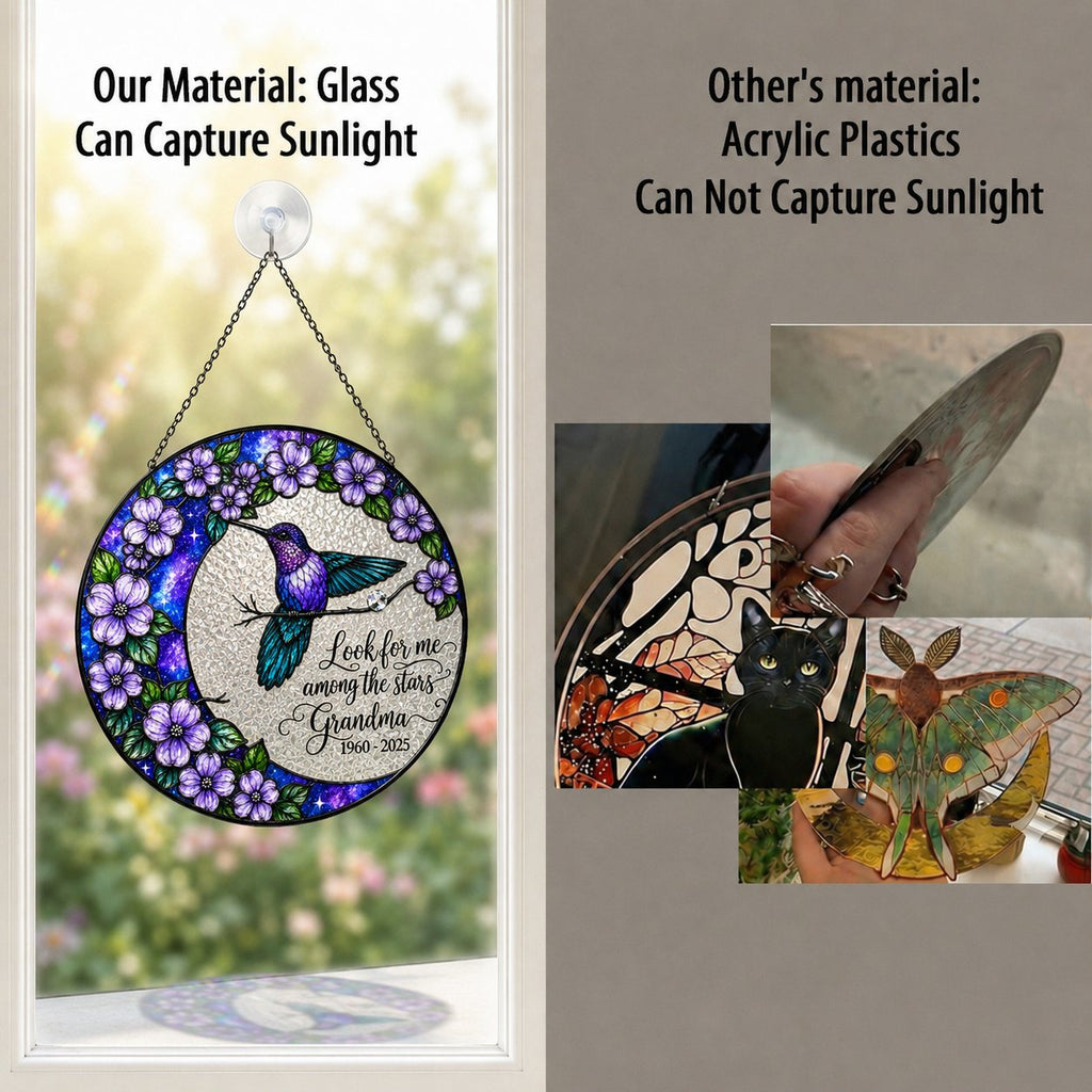 Glass vs acrylic material comparison hummingbird moon memorial suncatcher
