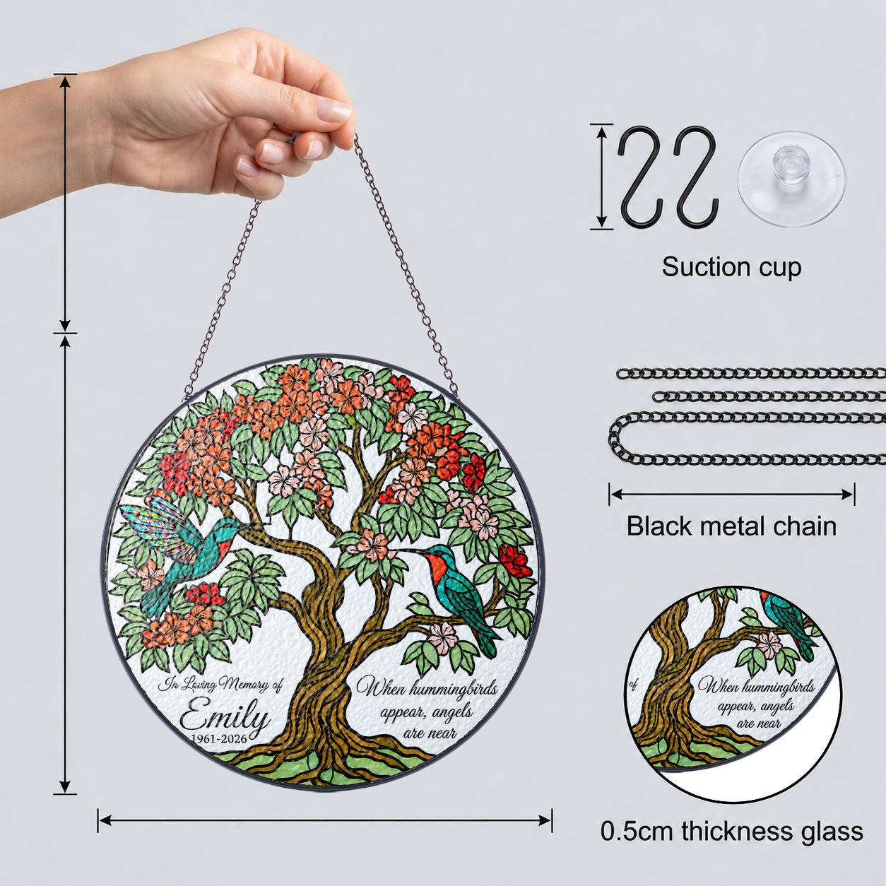 Memorial suncatcher details: black metal chain, suction cup, and 0.5 cm thick glass