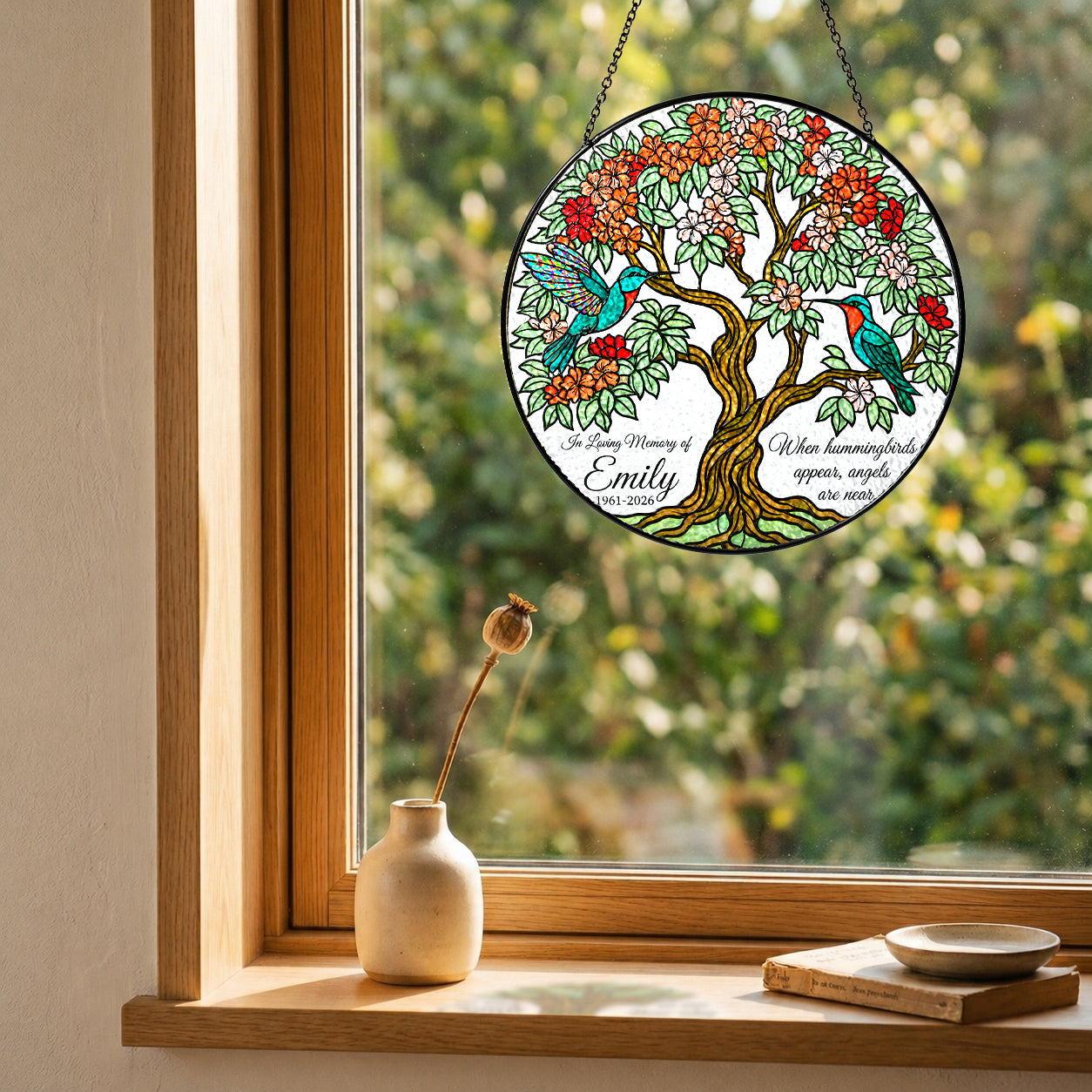 Hummingbird memorial suncatcher in a cozy window with soft natural light