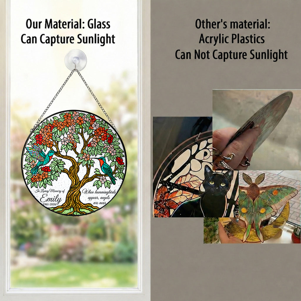 Real glass memorial suncatcher compared with acrylic, glass captures sunlight