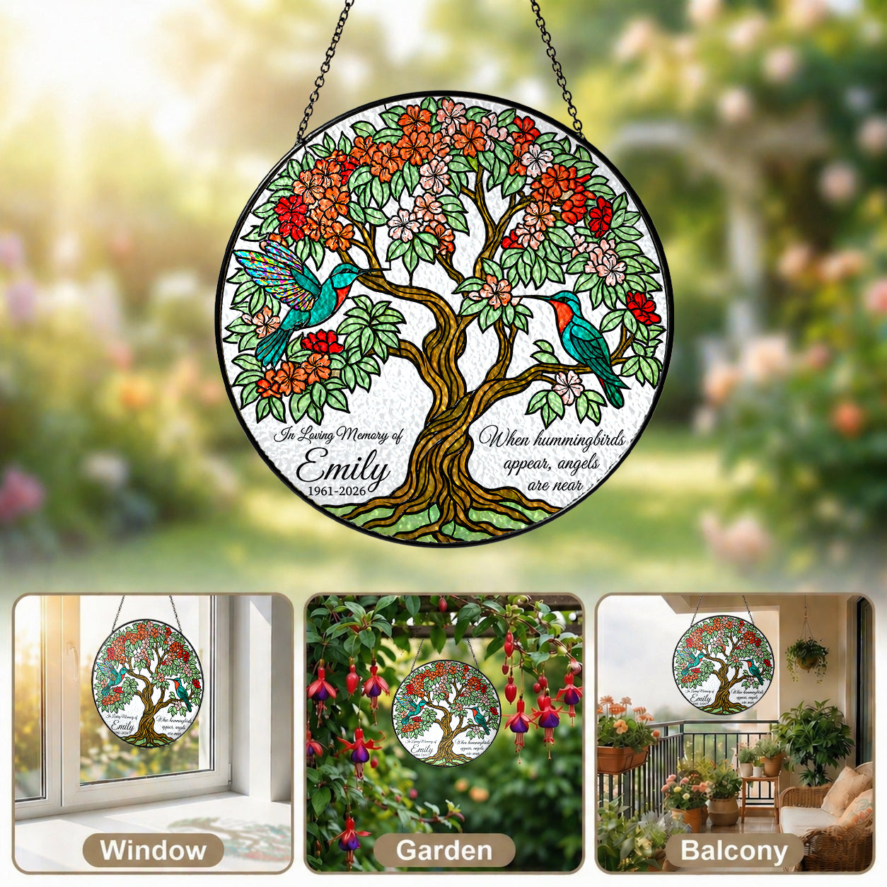 Memorial suncatcher shown as window, garden, and balcony decor