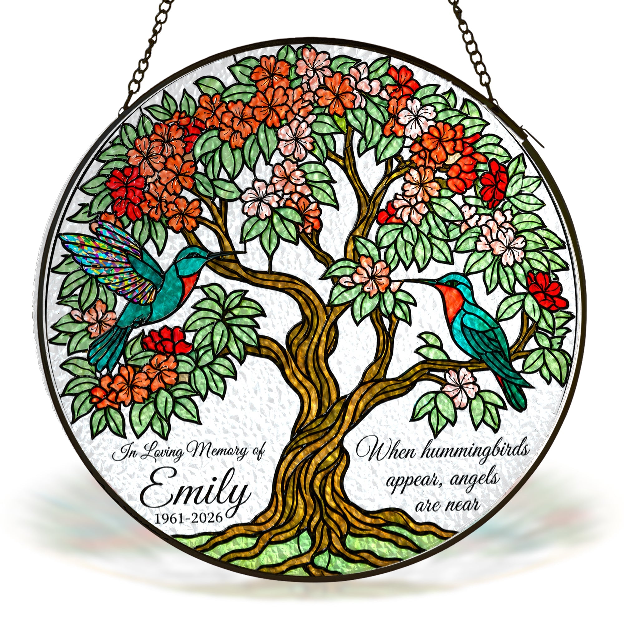 Personalized hummingbird tree of life memorial suncatcher with custom name and years