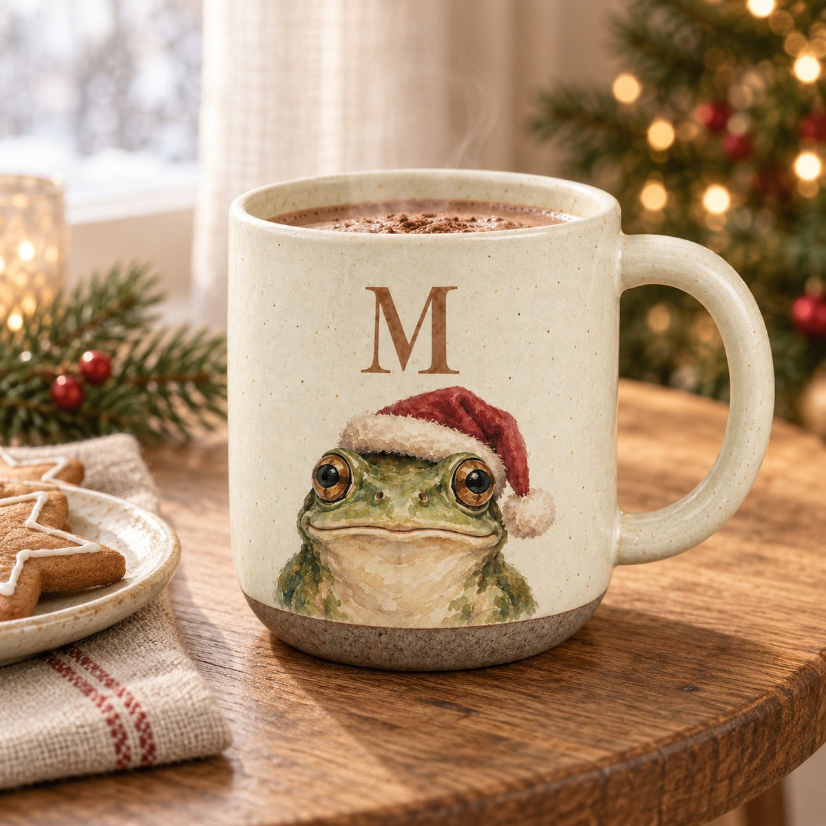 Personalized initial frog pottery mug: speckled stoneware mug with the letter M above a watercolor frog in a red Santa hat, filled with hot cocoa on a wooden table by a Christmas tree