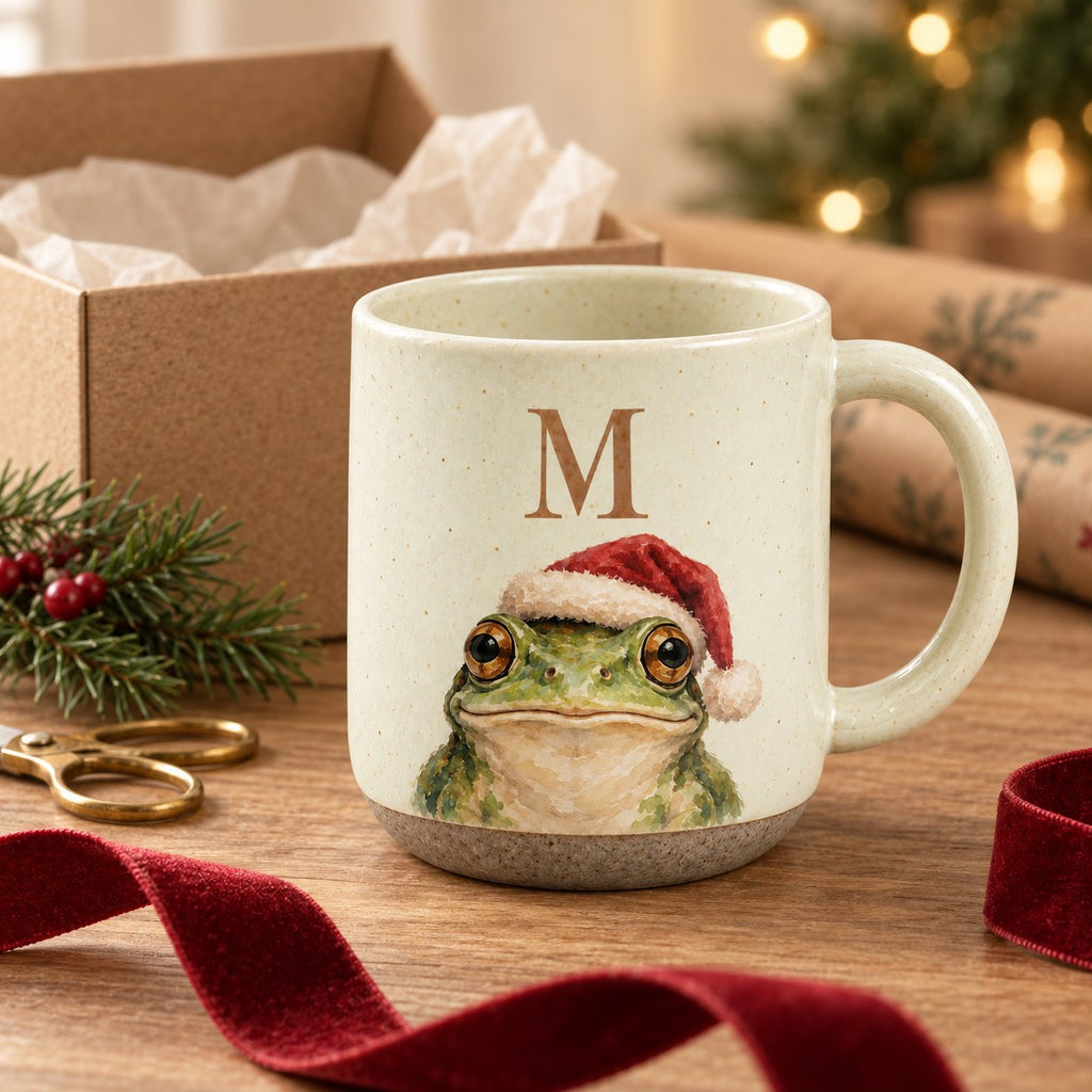Initial frog pottery mug next to a kraft gift box, red velvet ribbon and wrapping paper