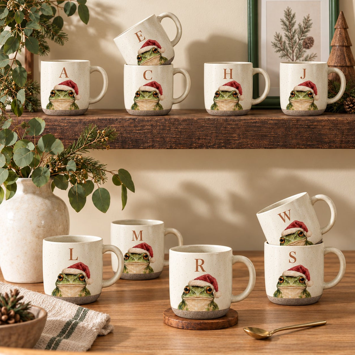 Ten frog pottery mugs, each with a different initial (A, C, E, H, J, L, M, R, S, W), on wooden shelves — one for everyone in the family