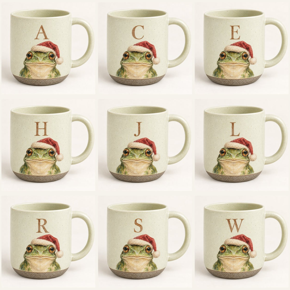Nine frog pottery mugs with different initials — A, C, E, H, J, L, R, S and W — each with a watercolor frog in a red Santa hat