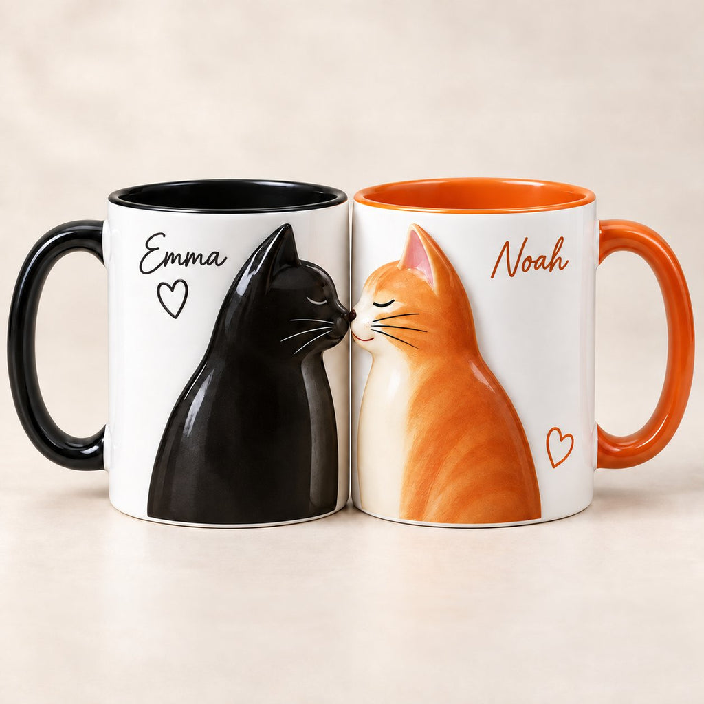 Personalized Kissing Cats Couple Mug Set – Black Cat and Orange Cat