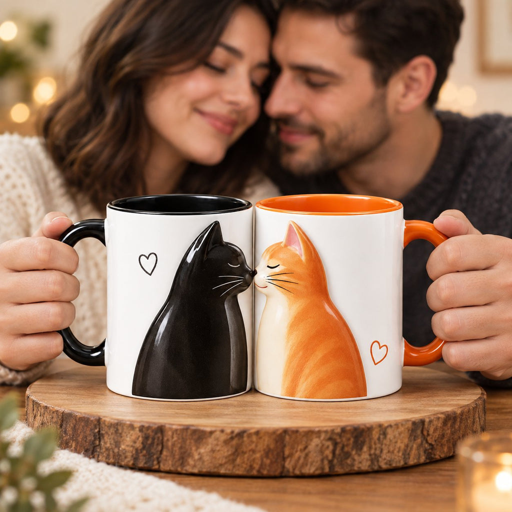 Personalized Kissing Cats Couple Mug Set – Black Cat and Orange Cat