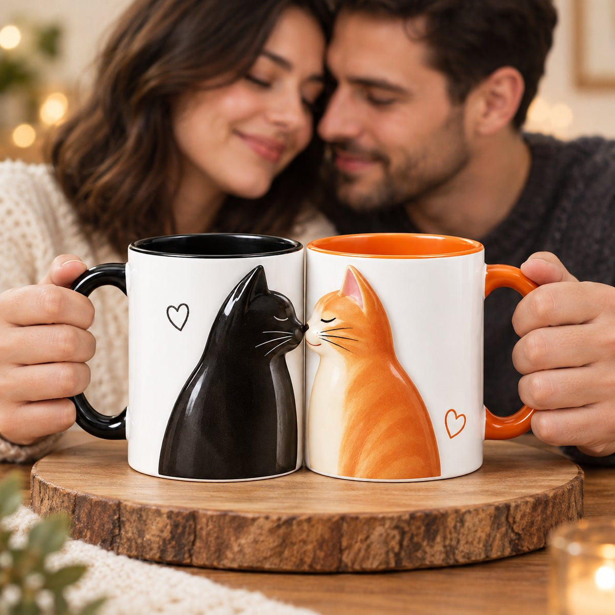 Personalized Kissing Cats Couple Mug Set – Black Cat and Orange Cat