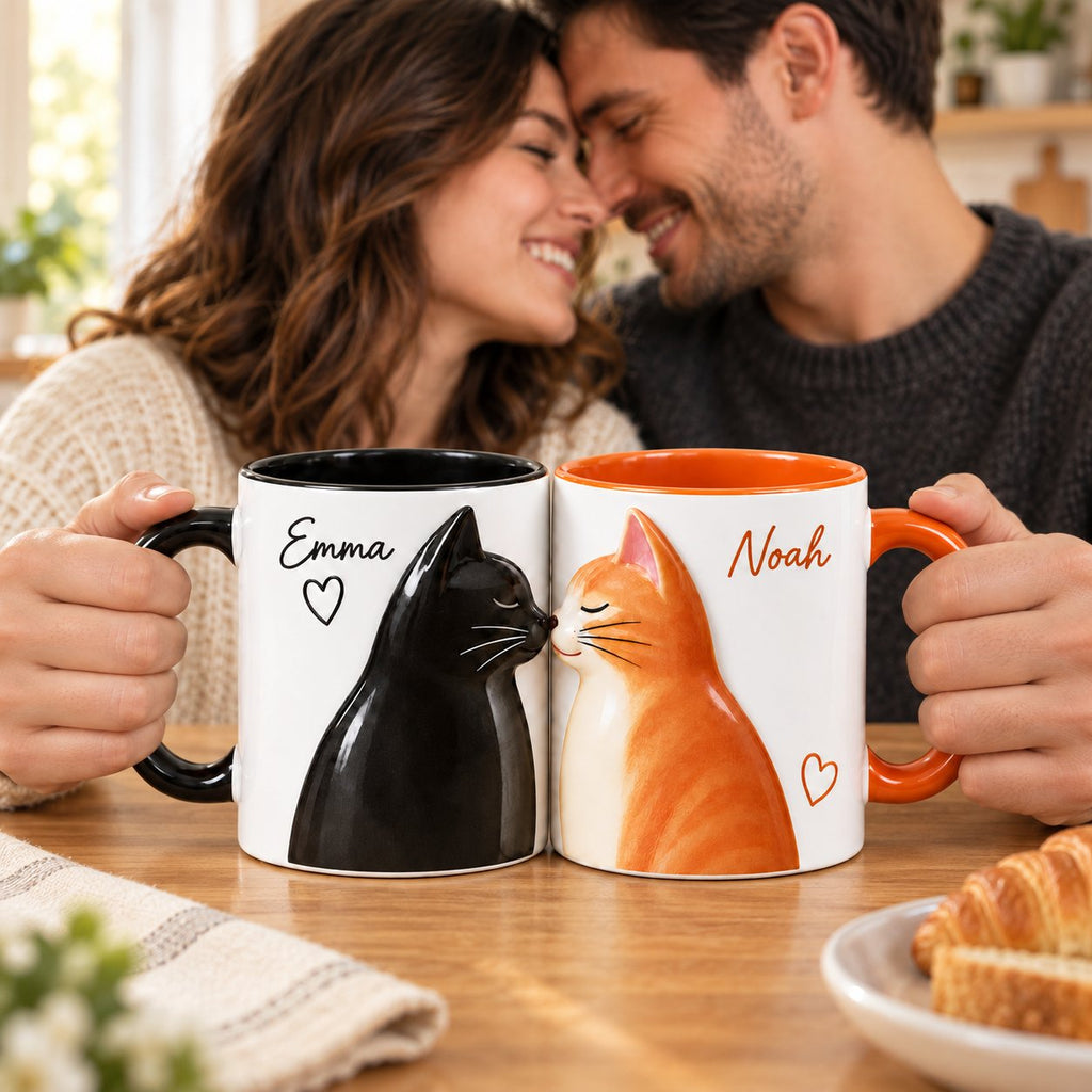 Personalized Kissing Cats Couple Mug Set – Black Cat and Orange Cat