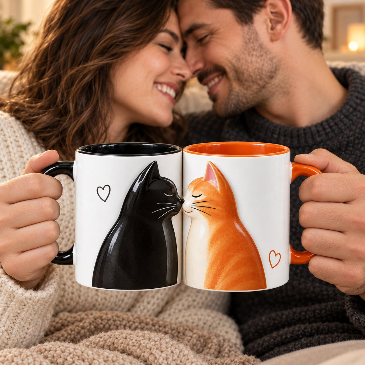 Personalized Kissing Cats Couple Mug Set – Black Cat and Orange Cat