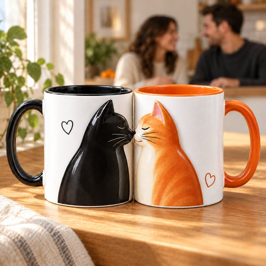 Personalized Kissing Cats Couple Mug Set – Black Cat and Orange Cat