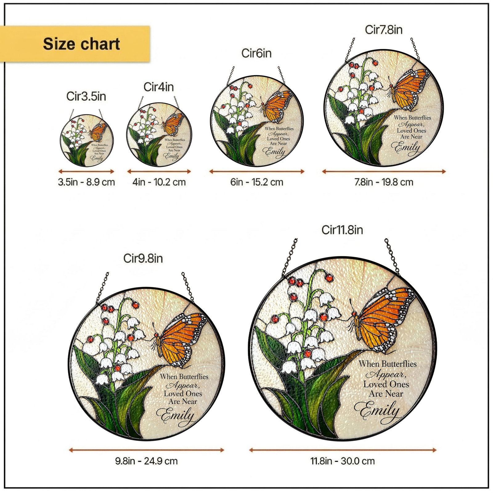 Personalized lily of the valley butterfly memorial suncatcher size chart