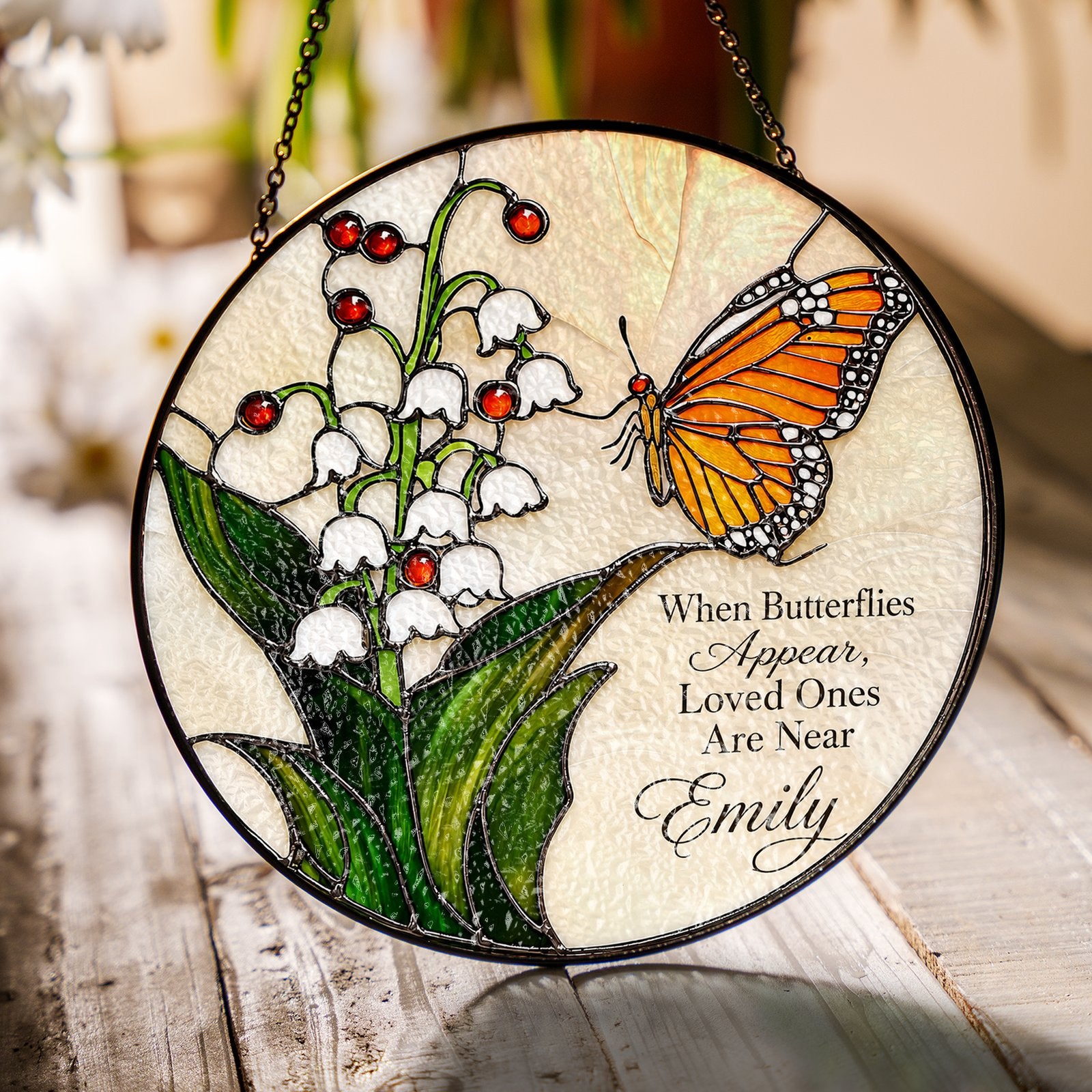 Personalized lily of the valley butterfly memorial suncatcher view 5