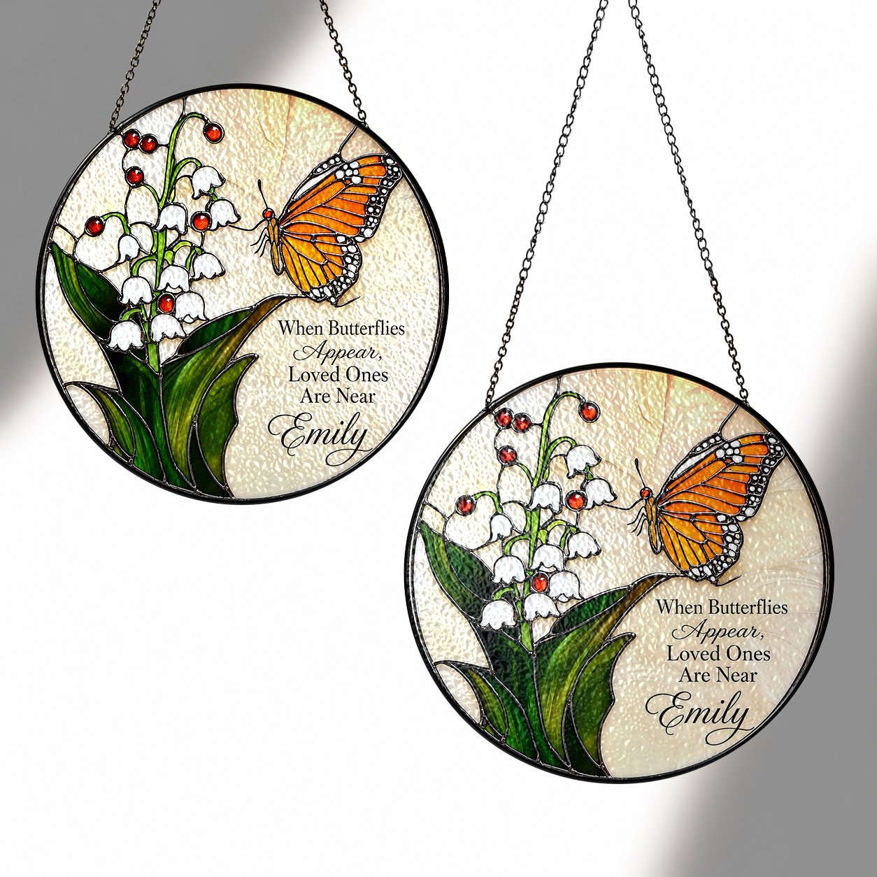 Personalized lily of the valley butterfly memorial suncatcher view 6