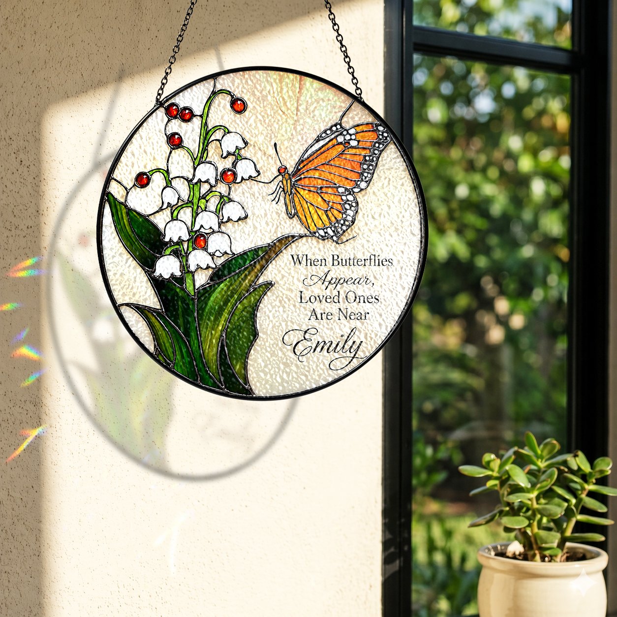 Personalized lily of the valley butterfly memorial suncatcher view 7
