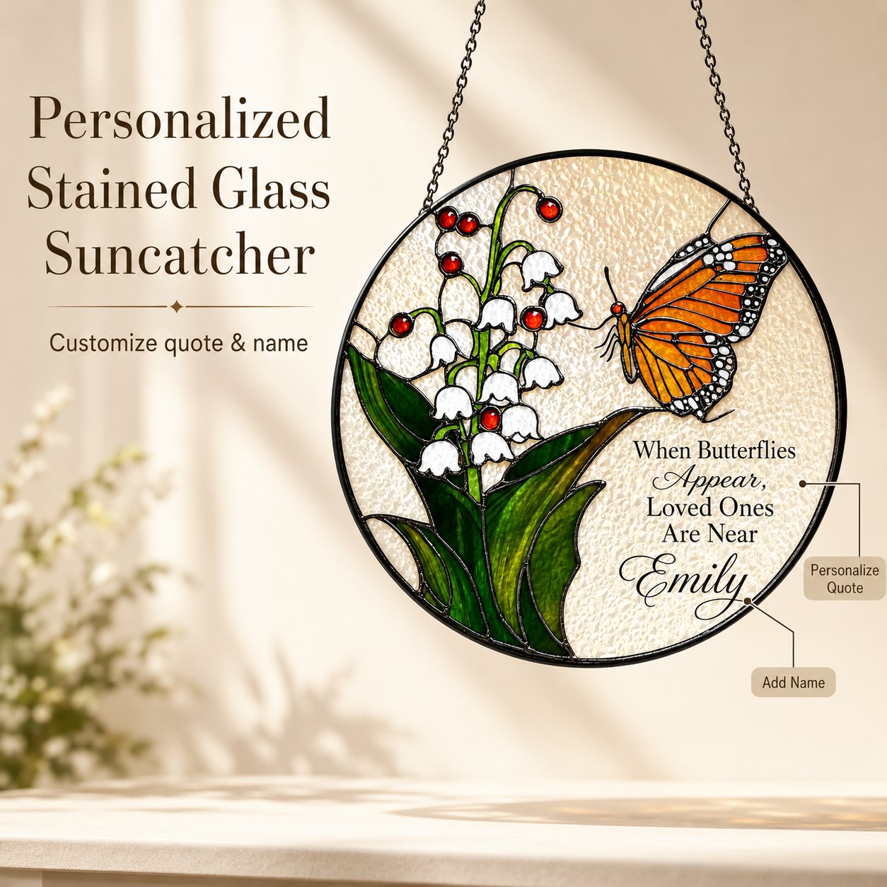 Personalized lily of the valley butterfly memorial suncatcher lifestyle