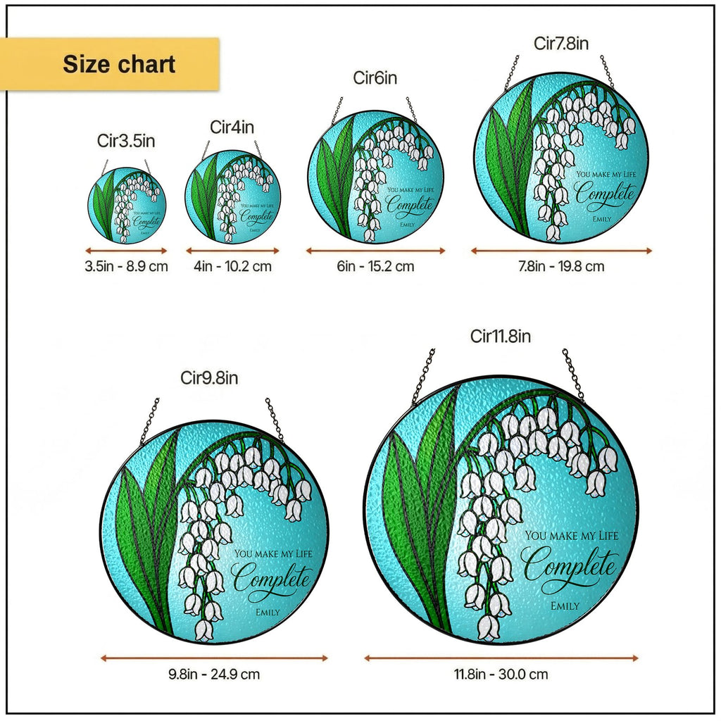 Personalized lily of the valley suncatcher size chart