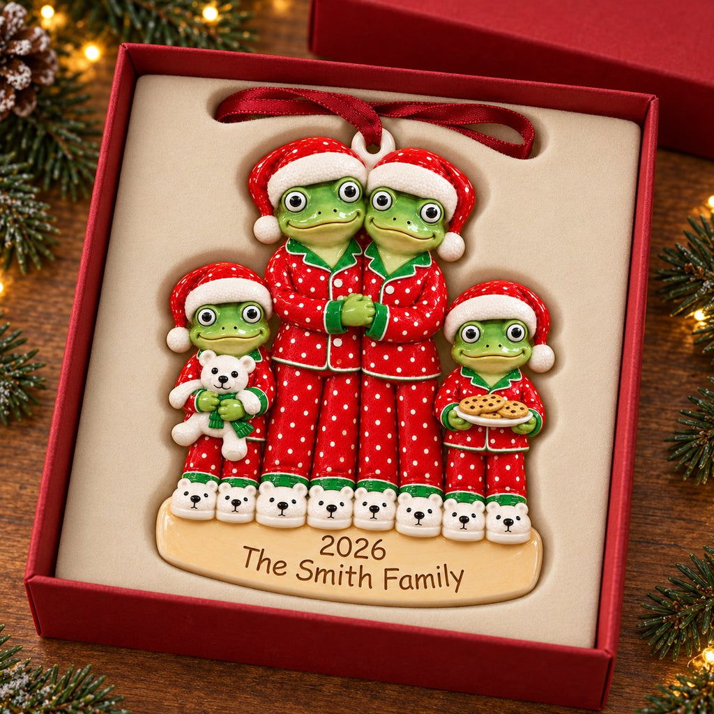 Personalized Matching Christmas Pajamas Frog Family Ornament 2026 — Family of 3, 4, 5 or 6, Ceramic