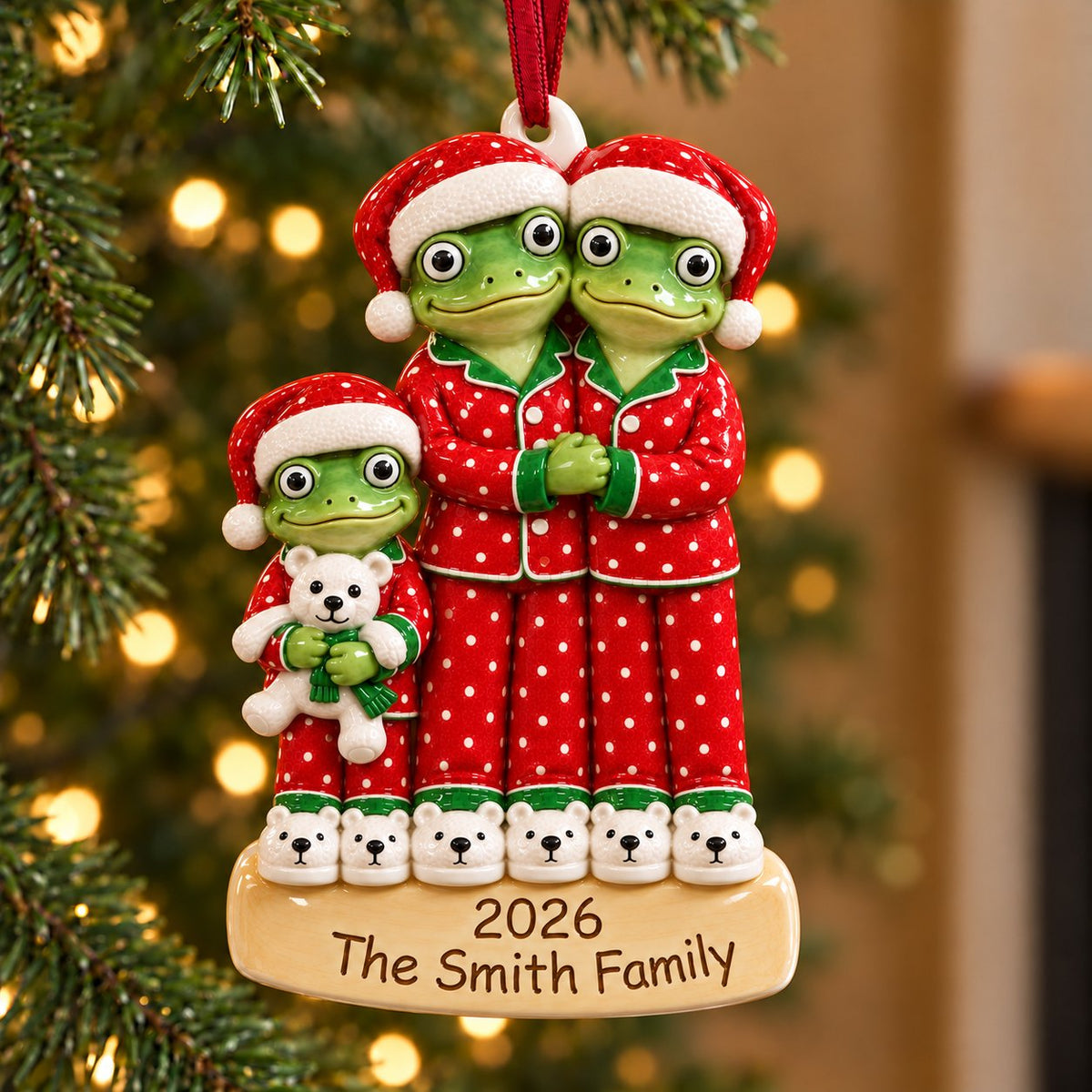 Personalized Matching Christmas Pajamas Frog Family Ornament 2026 — Family of 3, 4, 5 or 6, Ceramic