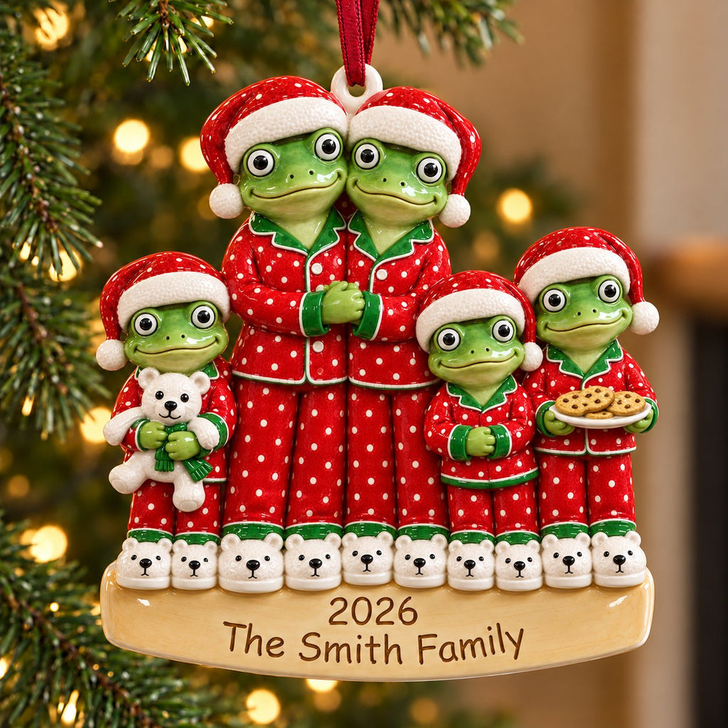 Personalized Matching Christmas Pajamas Frog Family Ornament 2026 — Family of 3, 4, 5 or 6, Ceramic