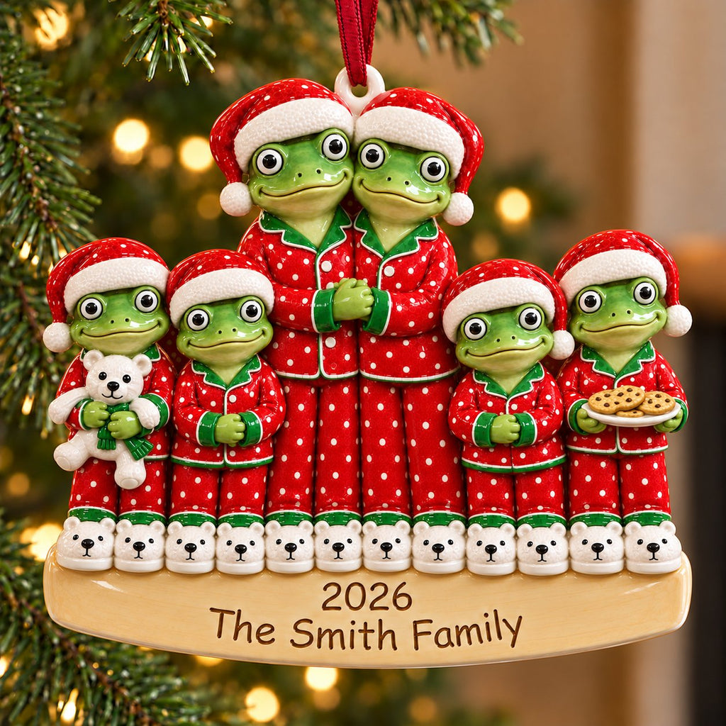 Personalized Matching Christmas Pajamas Frog Family Ornament 2026 — Family of 3, 4, 5 or 6, Ceramic