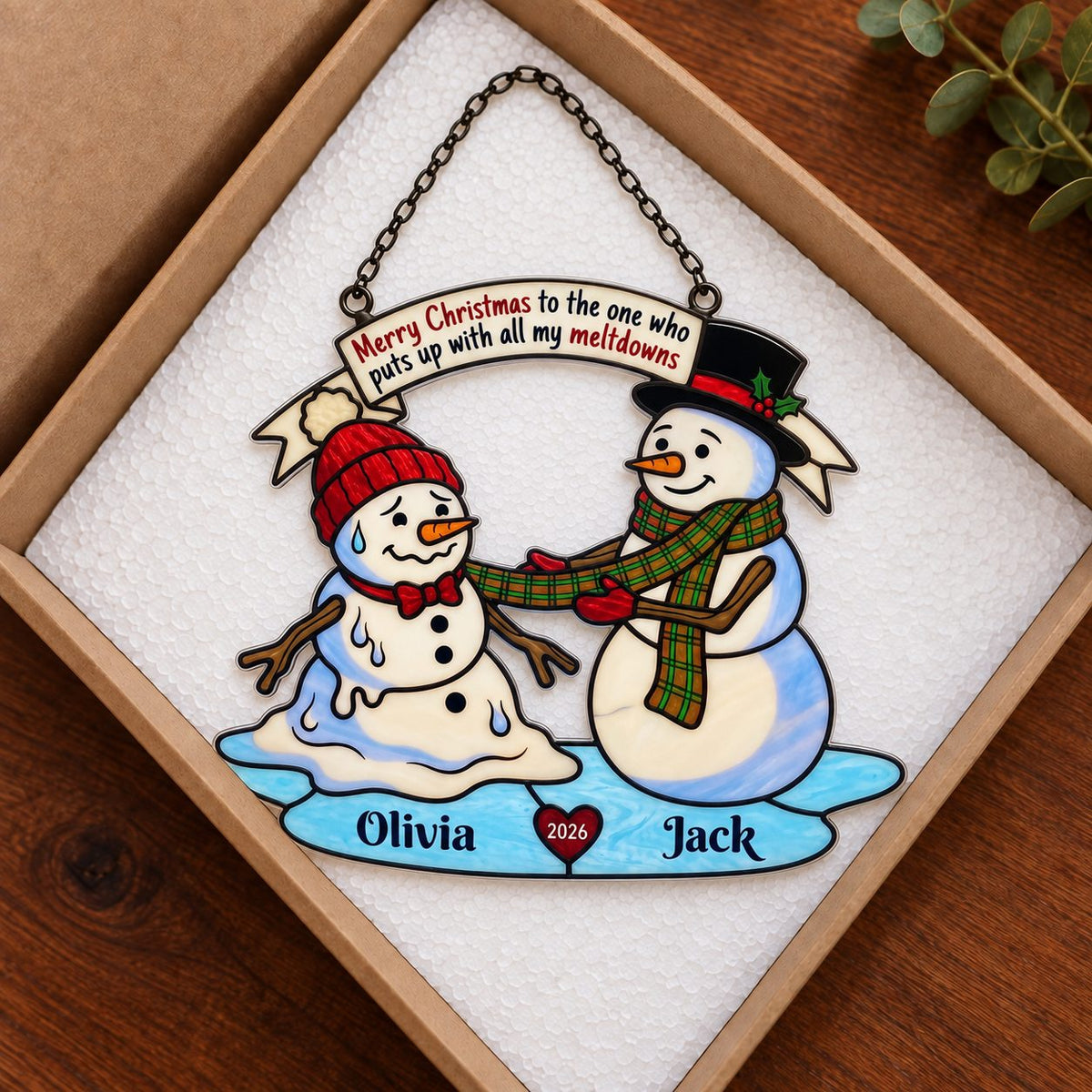 Personalized Melting Snowman Couple Holographic Acrylic Suncatcher — Puts Up With My Meltdowns