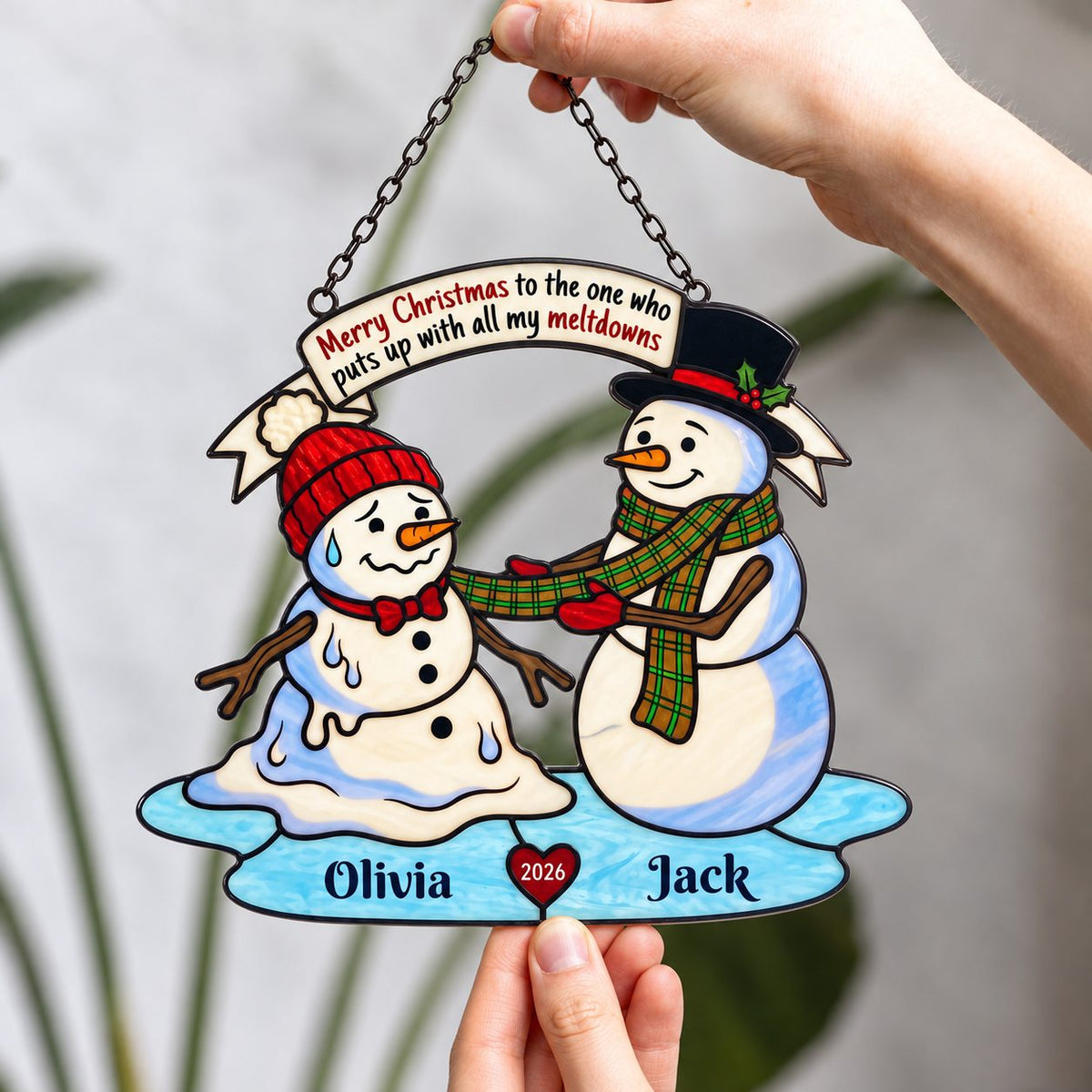 Personalized Melting Snowman Couple Holographic Acrylic Suncatcher — Puts Up With My Meltdowns