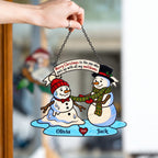 Personalized Melting Snowman Couple Holographic Acrylic Suncatcher — Puts Up With My Meltdowns