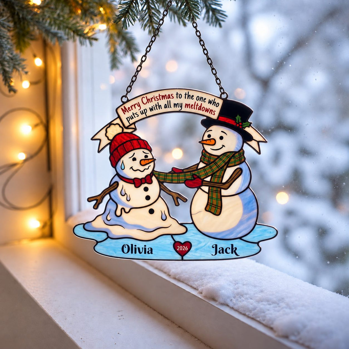 Personalized Melting Snowman Couple Holographic Acrylic Suncatcher — Puts Up With My Meltdowns