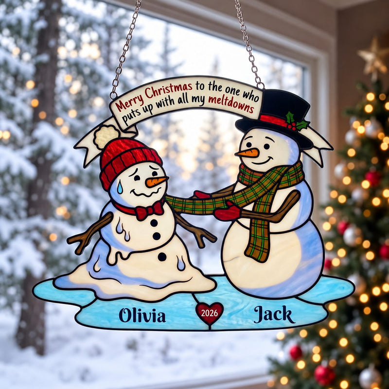 Personalized Melting Snowman Couple Holographic Acrylic Suncatcher — Puts Up With My Meltdowns