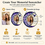 Personalized photo memorial suncatcher with purple flowers and hummingbird