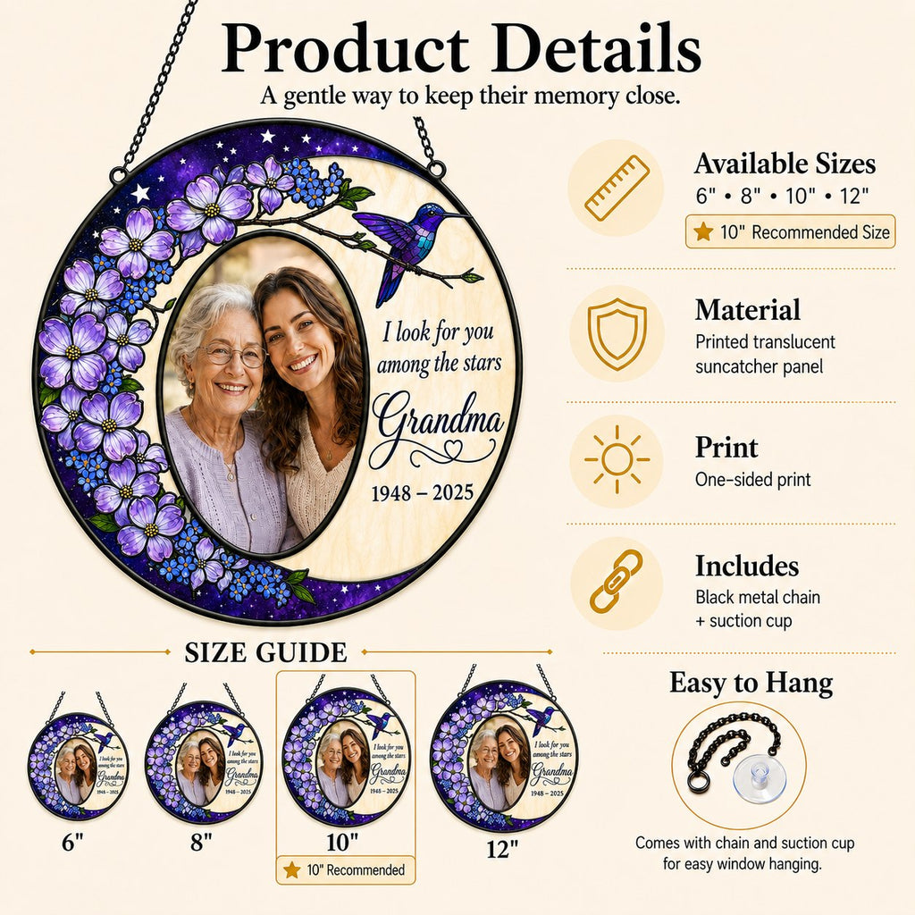 Personalized photo memorial suncatcher with purple flowers and hummingbird 03