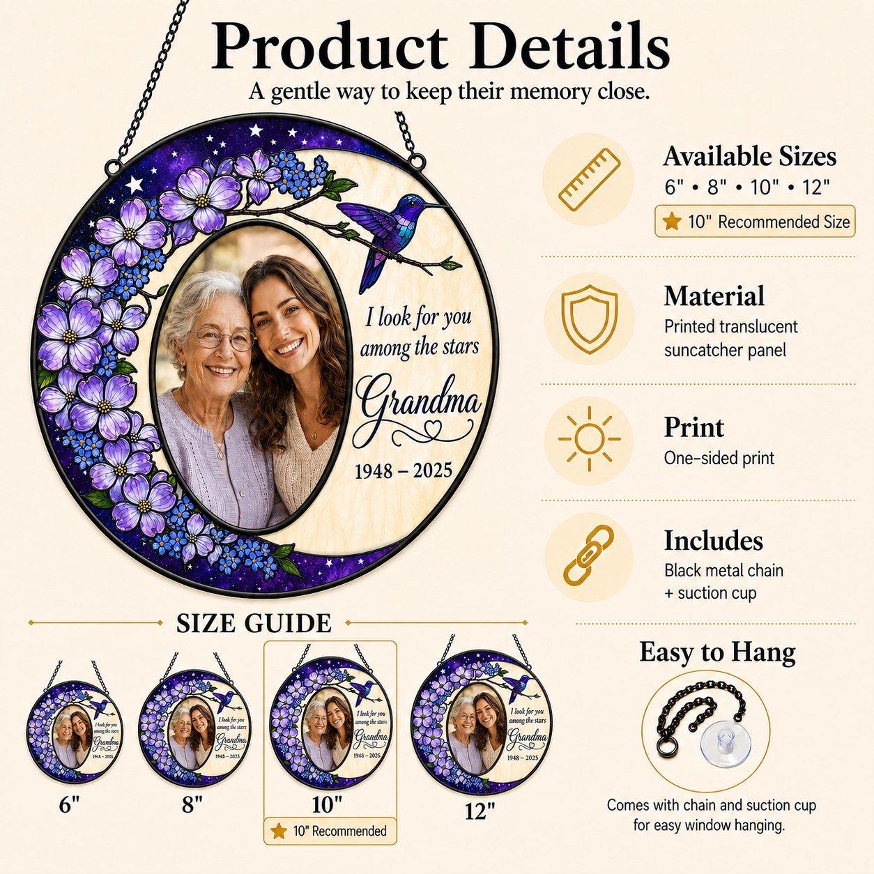 Personalized photo memorial suncatcher with purple flowers and hummingbird 03