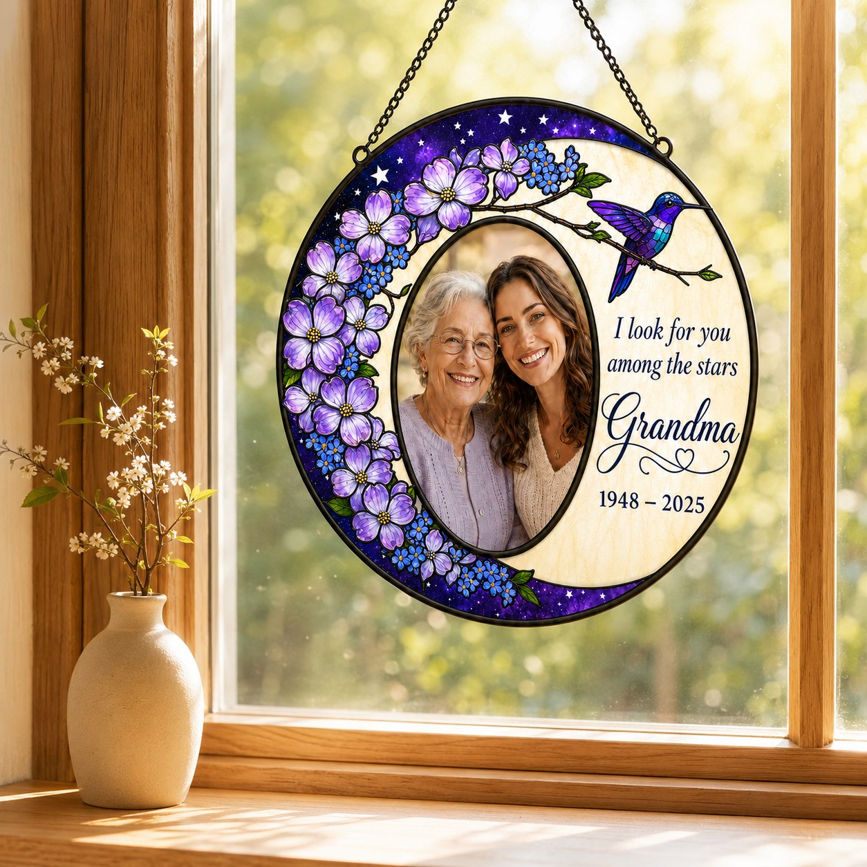 Personalized photo memorial suncatcher with purple flowers and hummingbird 04