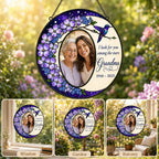 Personalized photo memorial suncatcher with purple flowers and hummingbird 05