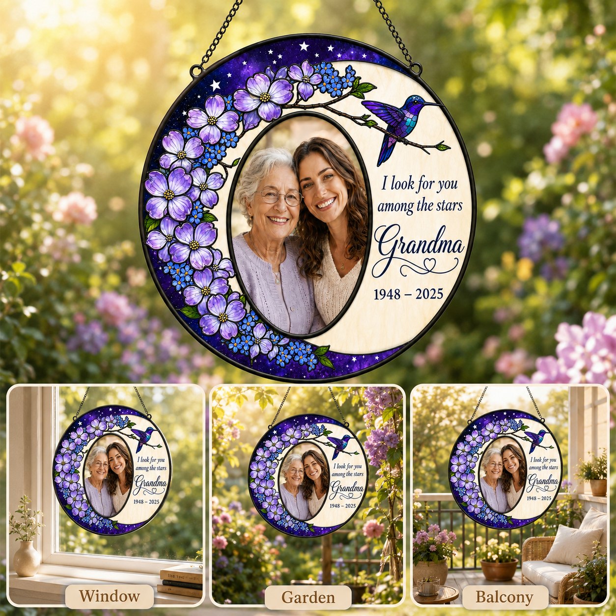 Personalized photo memorial suncatcher with purple flowers and hummingbird 05
